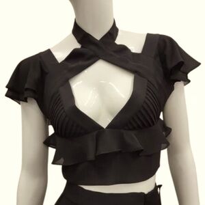 NASTY GAL black ruffled flutter sleeve criss cross halter crop top NWT